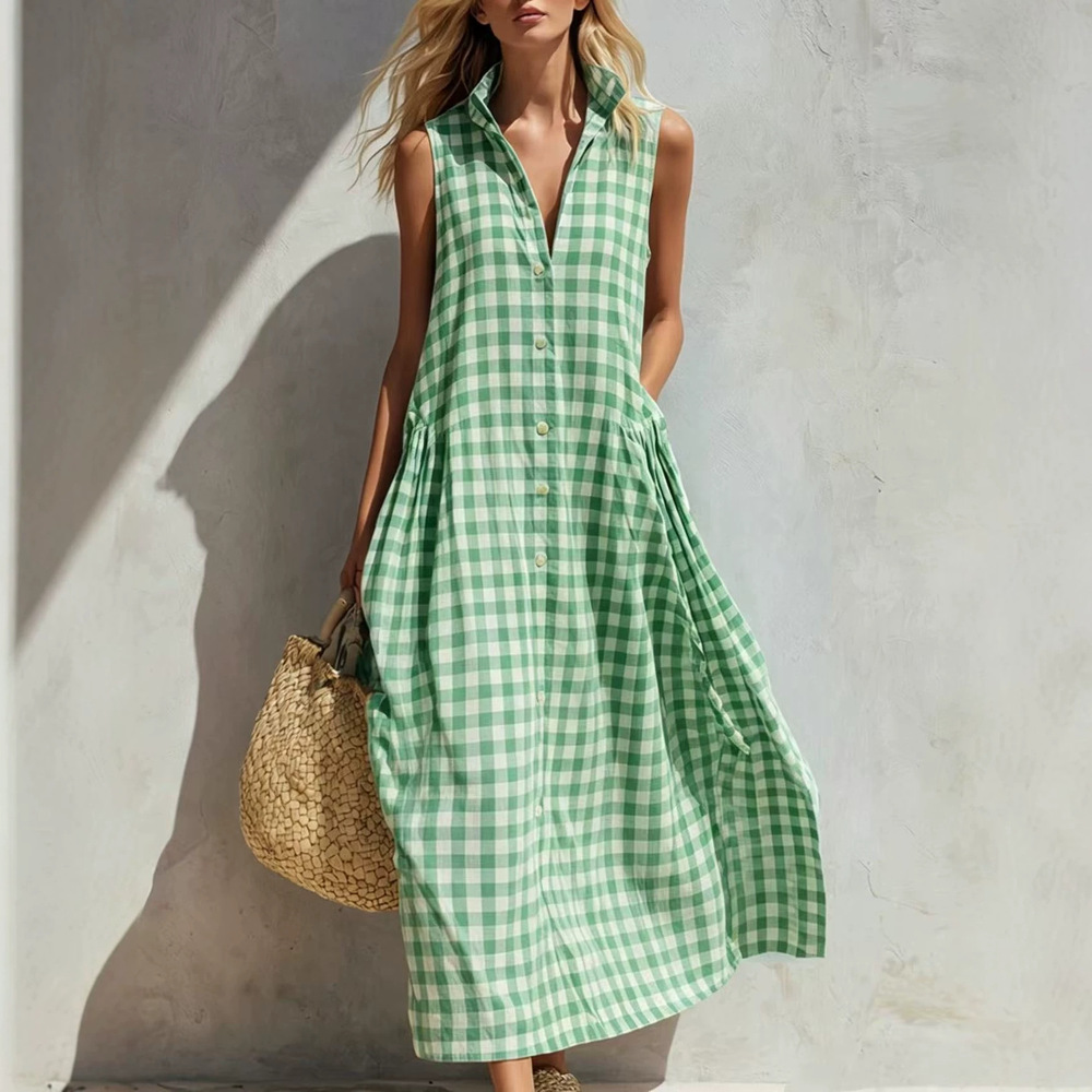 Women's Green Gingham Collared Sleeveless Relaxed Maxi Dress